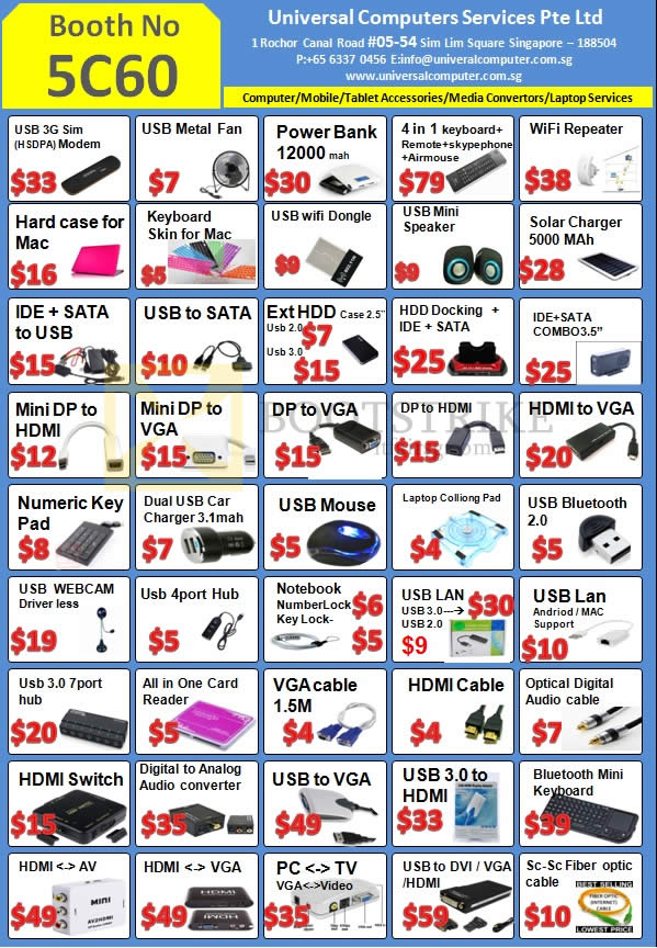SITEX 2013 price list image brochure of Universal Computer Services Accessories, Media Convertors, USB, Fan, Power Bank, Mouse, Case, Cable, HDMI