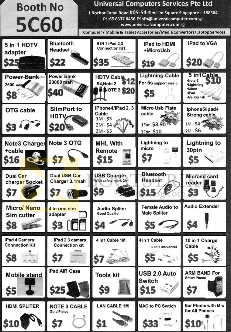 SITEX 2013 price list image brochure of Universal Computer Services IT Accessories HDTV Adapters, Cables, IPad Connection Kit, Bluetooth Headsets, Powerbank, Mac To PC Switch