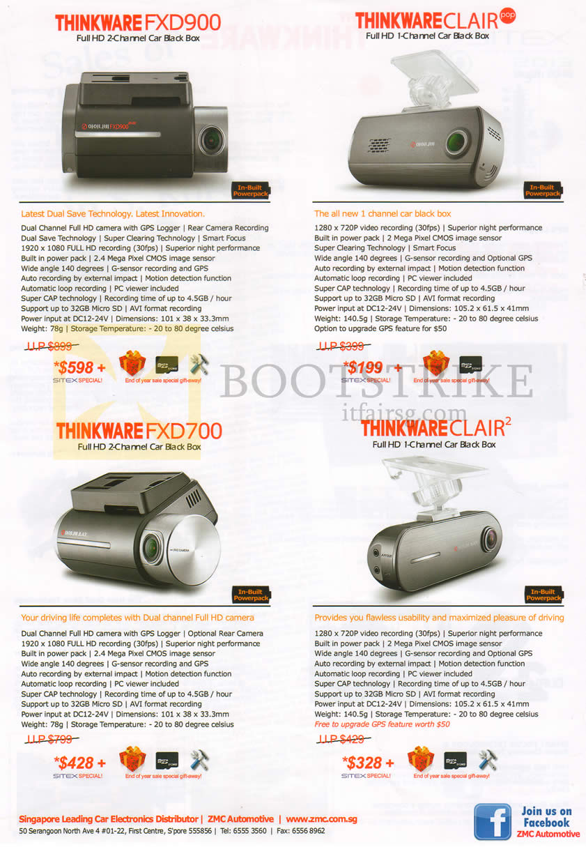 SITEX 2013 price list image brochure of ZMC Automotive Car Driving Recorder Thinkware FXD900, Clair, FXD700, Clair 2