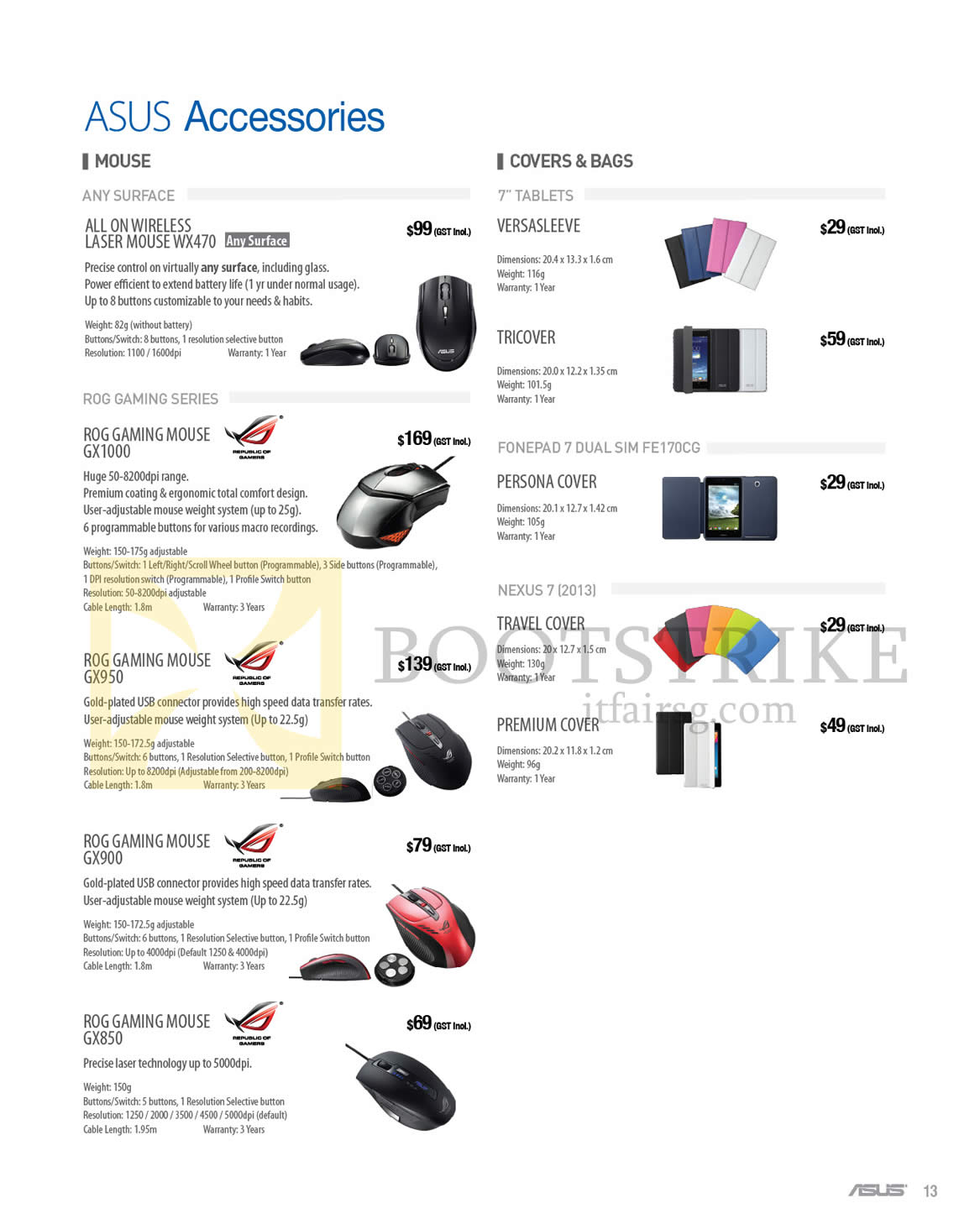 SITEX 2014 price list image brochure of ASUS Accessories Mouse, Covers, Bags, WX470, GX1000, GX950, GX900, GX850