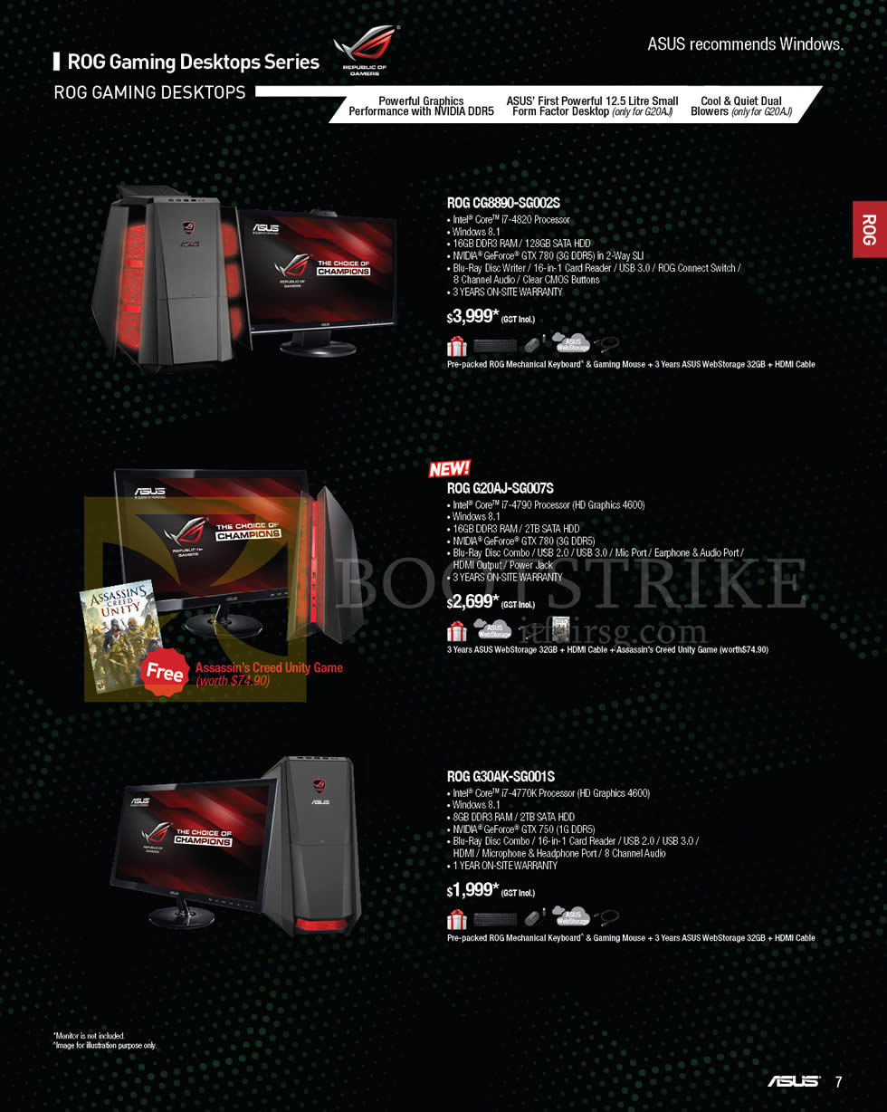 SITEX 2014 price list image brochure of ASUS Desktop PCs Gaming ROG CG8890-SG002S, ROG G20AJ-SG007S, ROG G30AK-SG001S