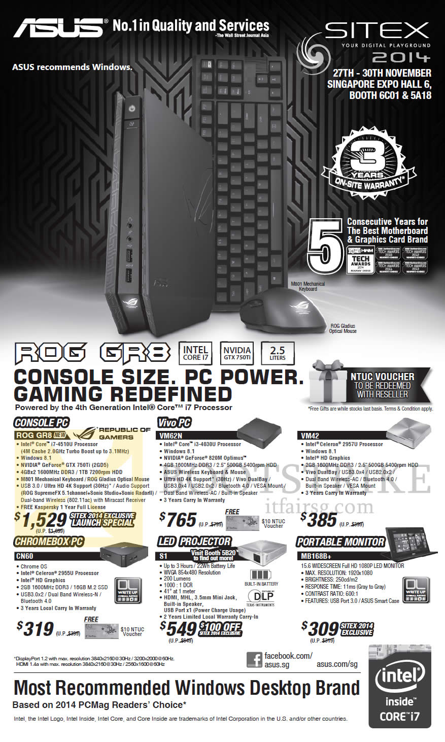 SITEX 2014 price list image brochure of ASUS Desktop PCs, Monitor, Projector, ROG GR8, VM62N, VM42, CN60, S1, MB168B Plus