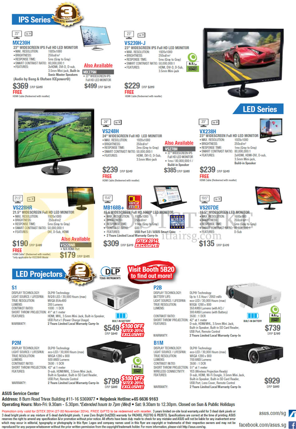 SITEX 2014 price list image brochure of ASUS Monitors, Projectors, MX239H, MX279H, VS239H-J, VS248H, VX238H, VS278H, VS228HR, MB168B Plus, VS207DE, S1, P2B, P2M, B1M