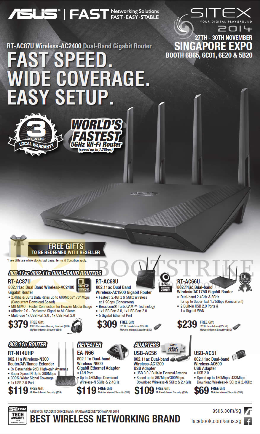 SITEX 2014 price list image brochure of ASUS Networking Routers, Repeaters, Wireless Adapters, RT-AC87U, AC68U, AC66U, N14UHP, EA-N66, USB-AC56, AC51