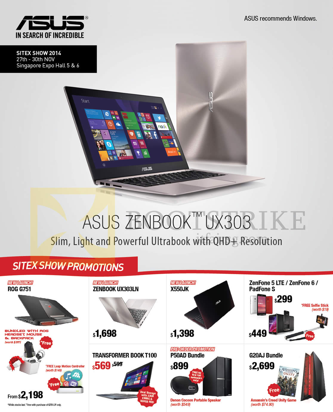 SITEX 2014 price list image brochure of ASUS Notebook Zenbook UX303, New Launches ROG G751, Transformer Book T100, X550JK, Zenfone