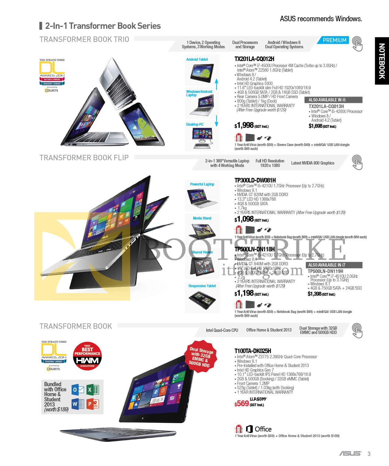 SITEX 2014 price list image brochure of ASUS Notebooks TX201LA-CQ012H, CQ013H, TP300LD-DW081H, TP500LN-DN118H, DN119H, T100TA-DK025H