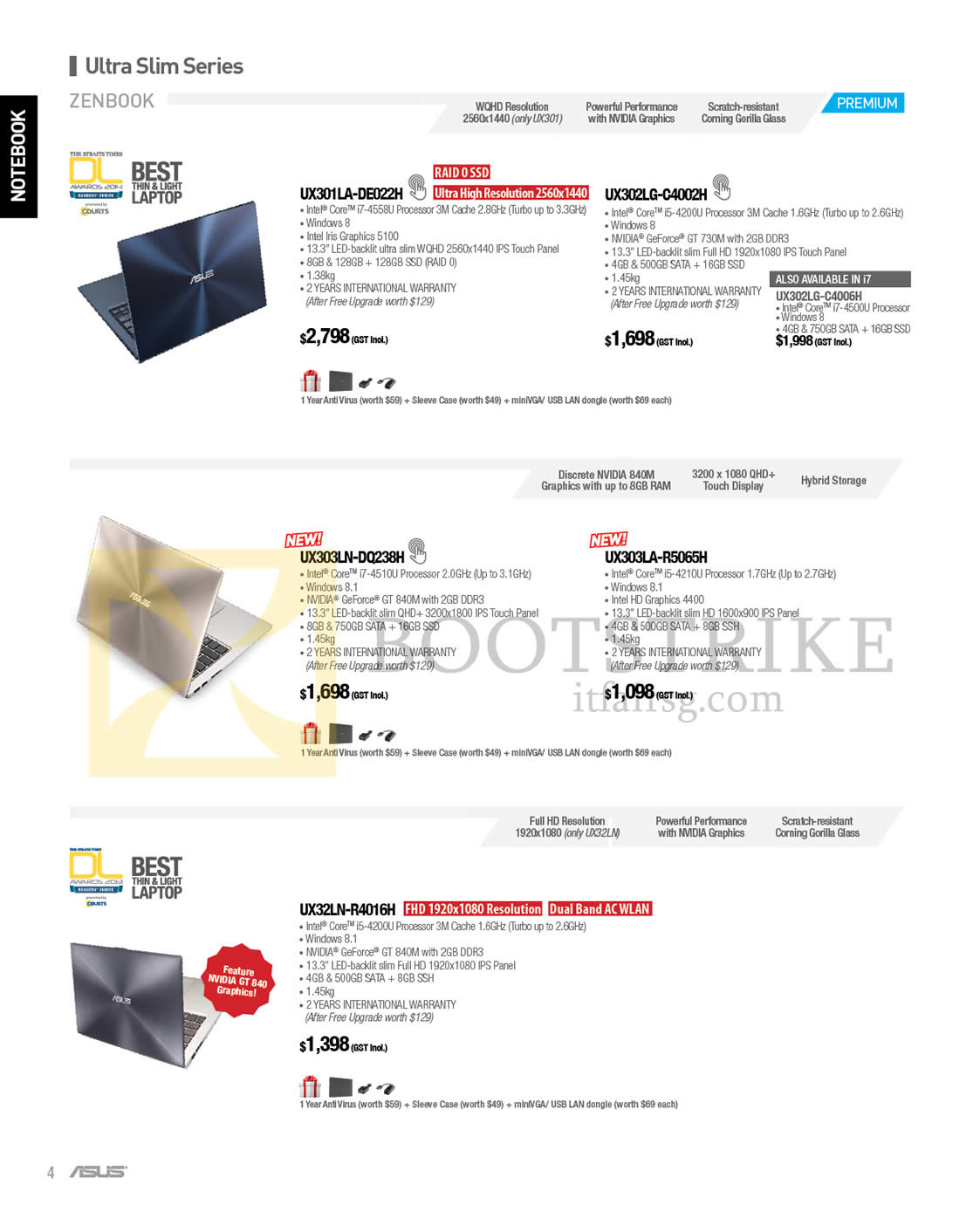 SITEX 2014 price list image brochure of ASUS Notebooks Zenbook UX301LA-DE022H, UX302LG-C4002H, C4006H, UX303LN-DQ238H, UX303LA-R5065H, UX32LN-R4016H