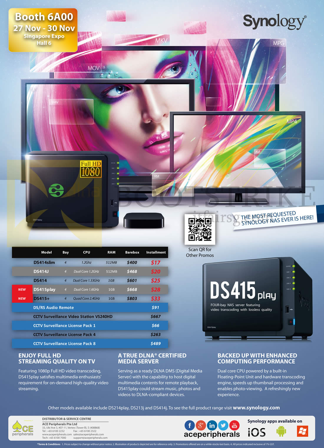 SITEX 2014 price list image brochure of Ace Peripherals Synology NAS DiskStation DS414slim, DS414J, DS414, DS415play, DS415Plus, CCTV Surveillance