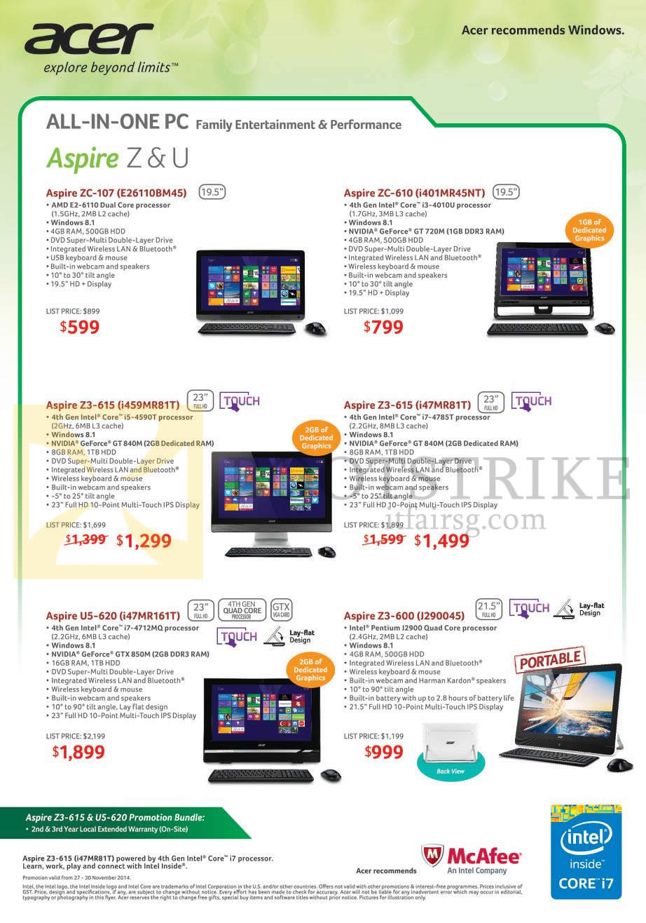 SITEX 2014 price list image brochure of Acer AIO Desktop PCs Aspire ZC-107, ZC-610, Z3-61S, Z3-615, U5-620, Z3-600