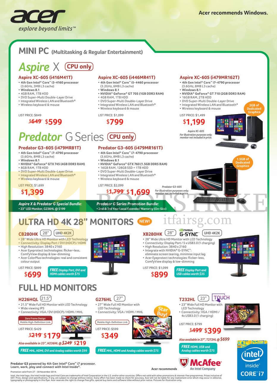 SITEX 2014 price list image brochure of Acer Desktop PCs Aspire XC-605, XC-605, Predator G3-605, G3-605, Ultra HD 4K, MONITORS, CB280HK, XB280HK, H226HQL, G276HL, T232HL