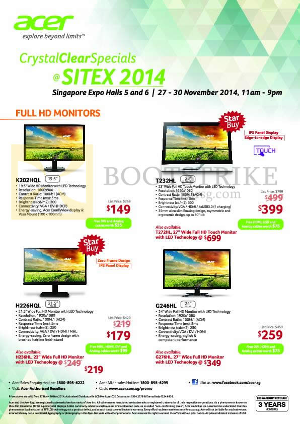 SITEX 2014 price list image brochure of Acer Monitors K202HQL, T232L, H226HQL, G246HL