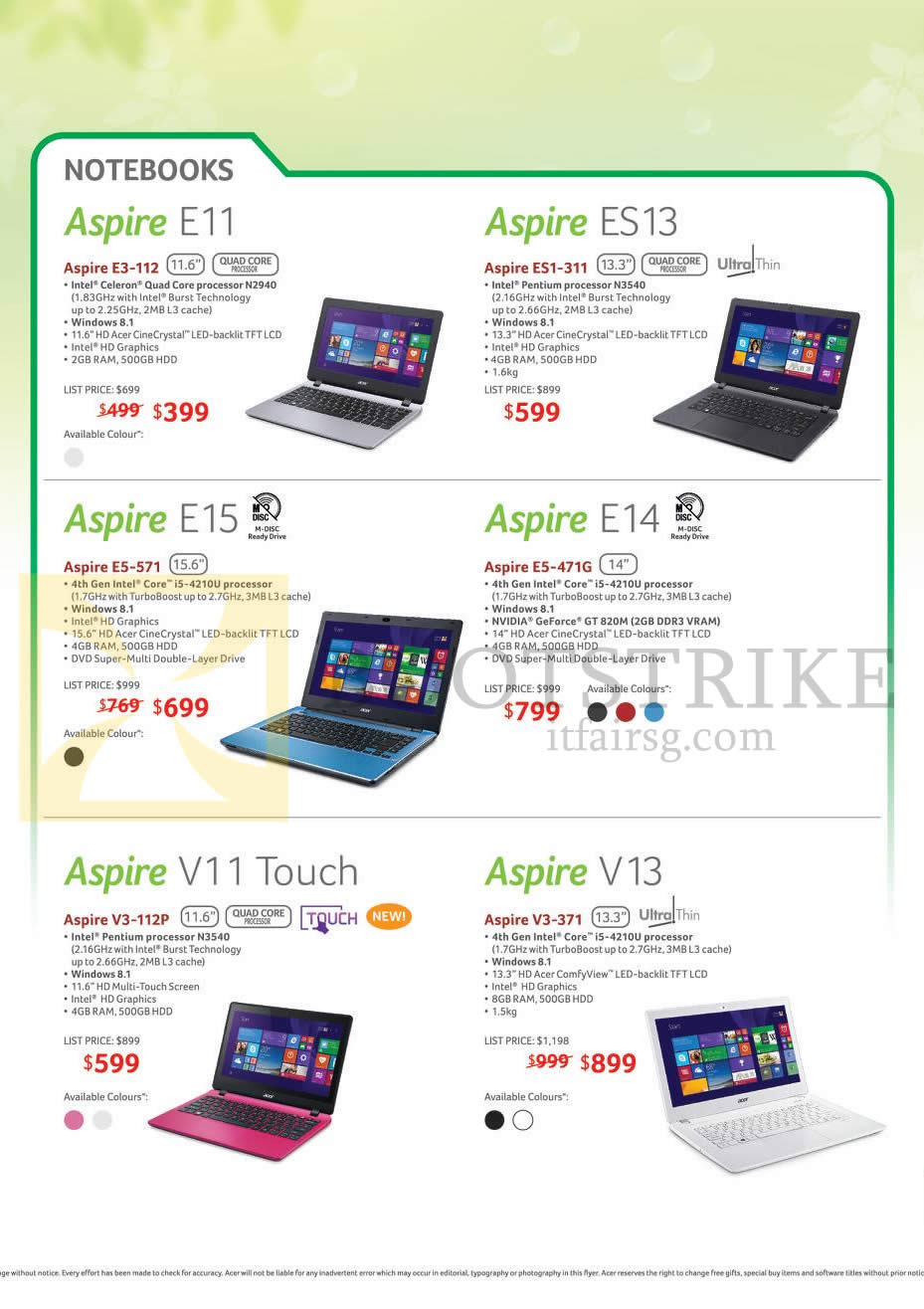 SITEX 2014 price list image brochure of Acer Notebooks Aspire E11 E3-112, ES13 ES1-311, E15 E5-571, E14 E5-471G, V11 Touch V3-112P, V13 V3-371
