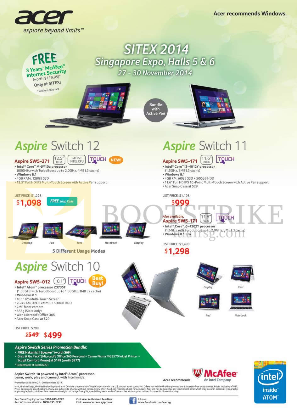SITEX 2014 price list image brochure of Acer Notebooks Aspire Switch 12, SW5-271, SW5-171, Switch 10 SW5-012
