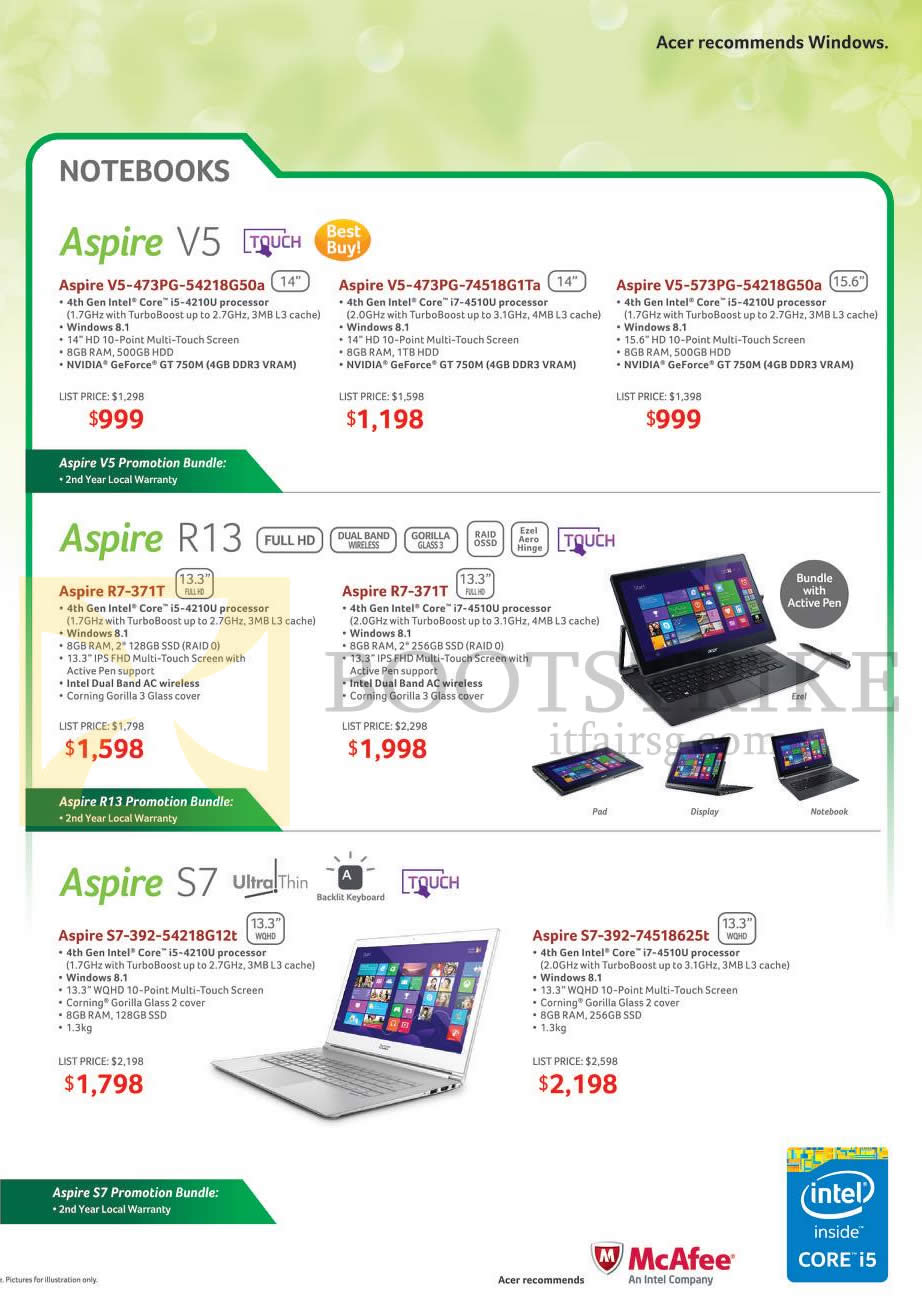 SITEX 2014 price list image brochure of Acer Notebooks Aspire V5, Aspire R13, R7-371T, R7-371T, V5-473PG, V5-573PG, Aspire S7-392