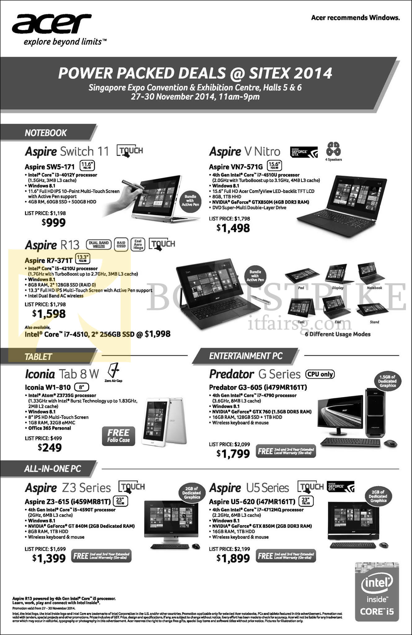 SITEX 2014 price list image brochure of Acer Notebooks, Tablets, Desktop PC, AIO Desktop PCs Aspire Switch 11, V Nitro, R13, Z3, U5, Iconia Tab 8 W, Predator G