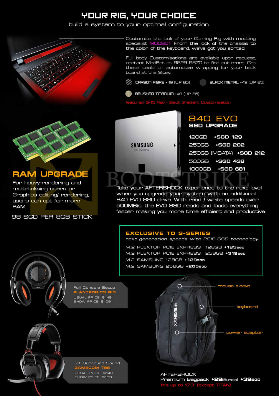 SITEX 2014 price list image brochure of Aftershock Desktop PCs Modbot, SSD, RAM, Plantronics Rig, Gamecom 788