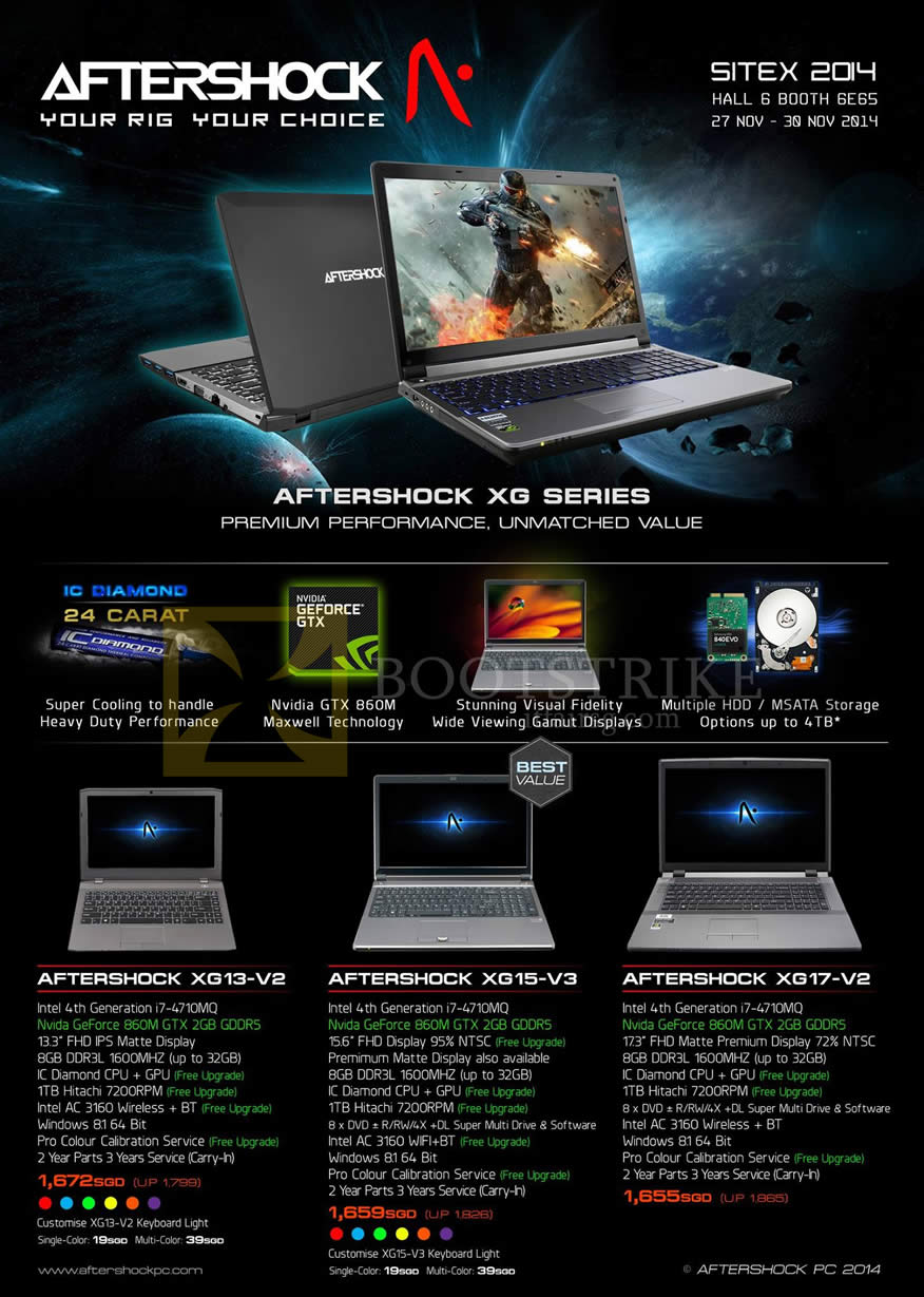 SITEX 2014 price list image brochure of Aftershock Notebooks XG13-V2, XG15-V3, XG17-V2
