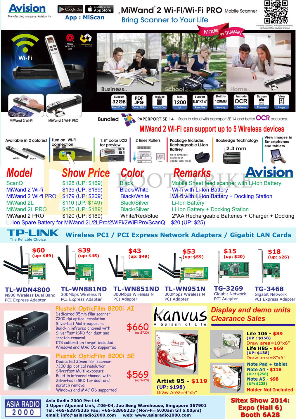 SITEX 2014 price list image brochure of Asia Radio Avision MiWand 2, ScanQ, Pro, TP-Link Wireless PCI Express Adapter, Plustek OpticFilm 8200i Film Scanner, Kanvus Artist, Life