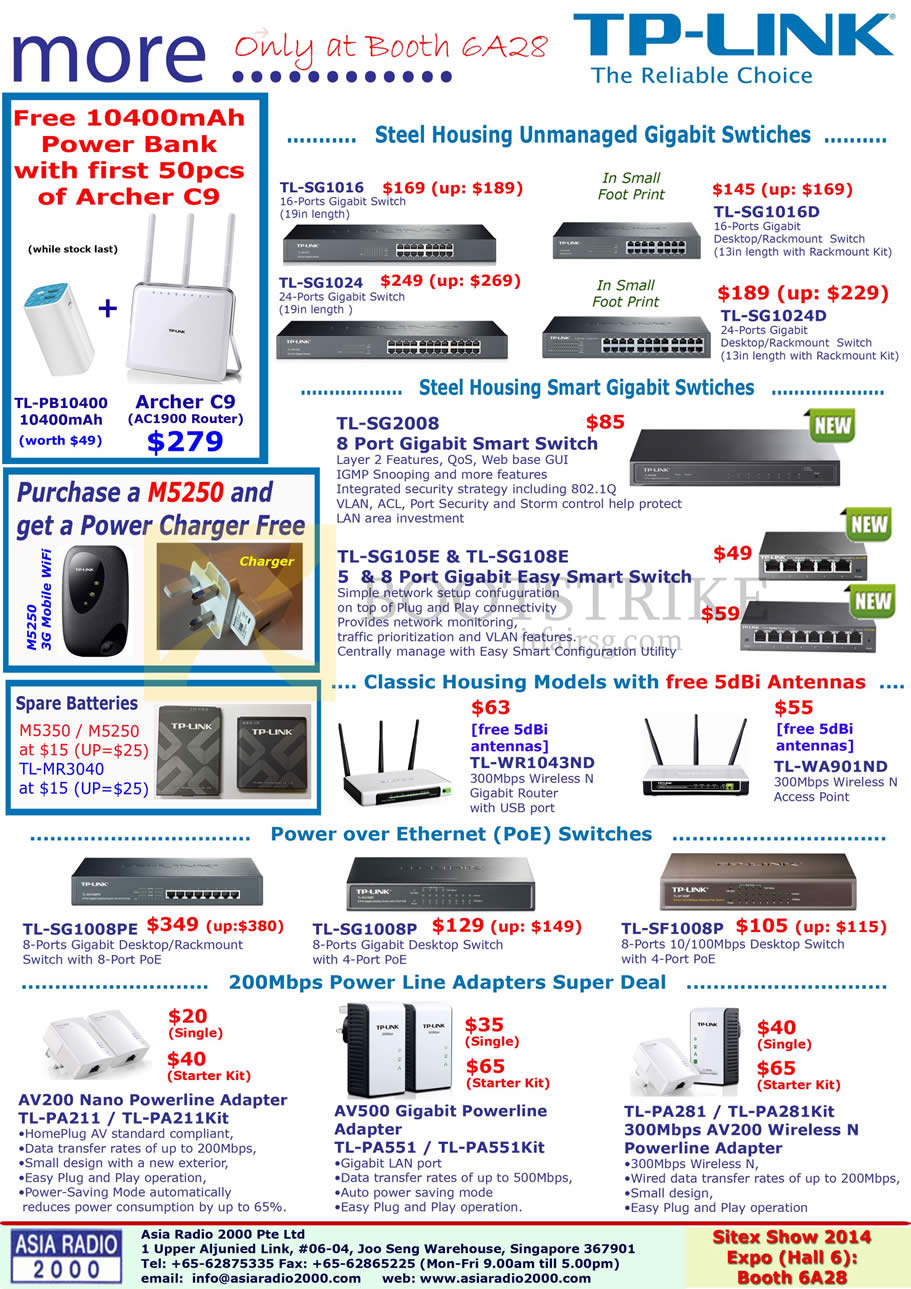 SITEX 2014 price list image brochure of Asia Radio TP-Link Networking Gigabit Switches, Routers, Power Over Ethernet PoE Switches, PowerLine Adapters USB,