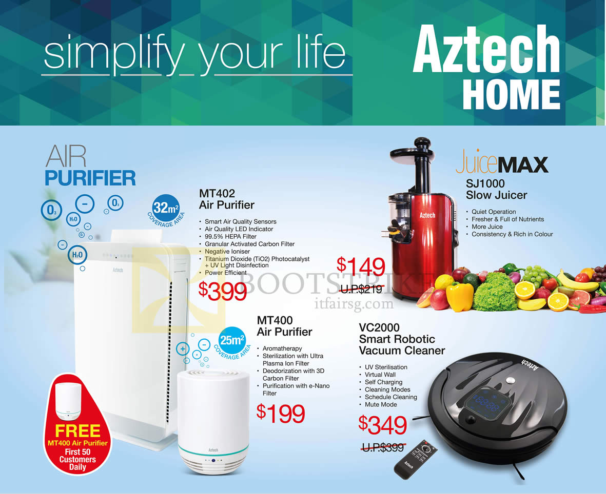 SITEX 2014 price list image brochure of Aztech Air Purifier, JuiceMax Juicer, Vacuum Cleaners, MT402, MT400, VC2000 Robot, SJ1000