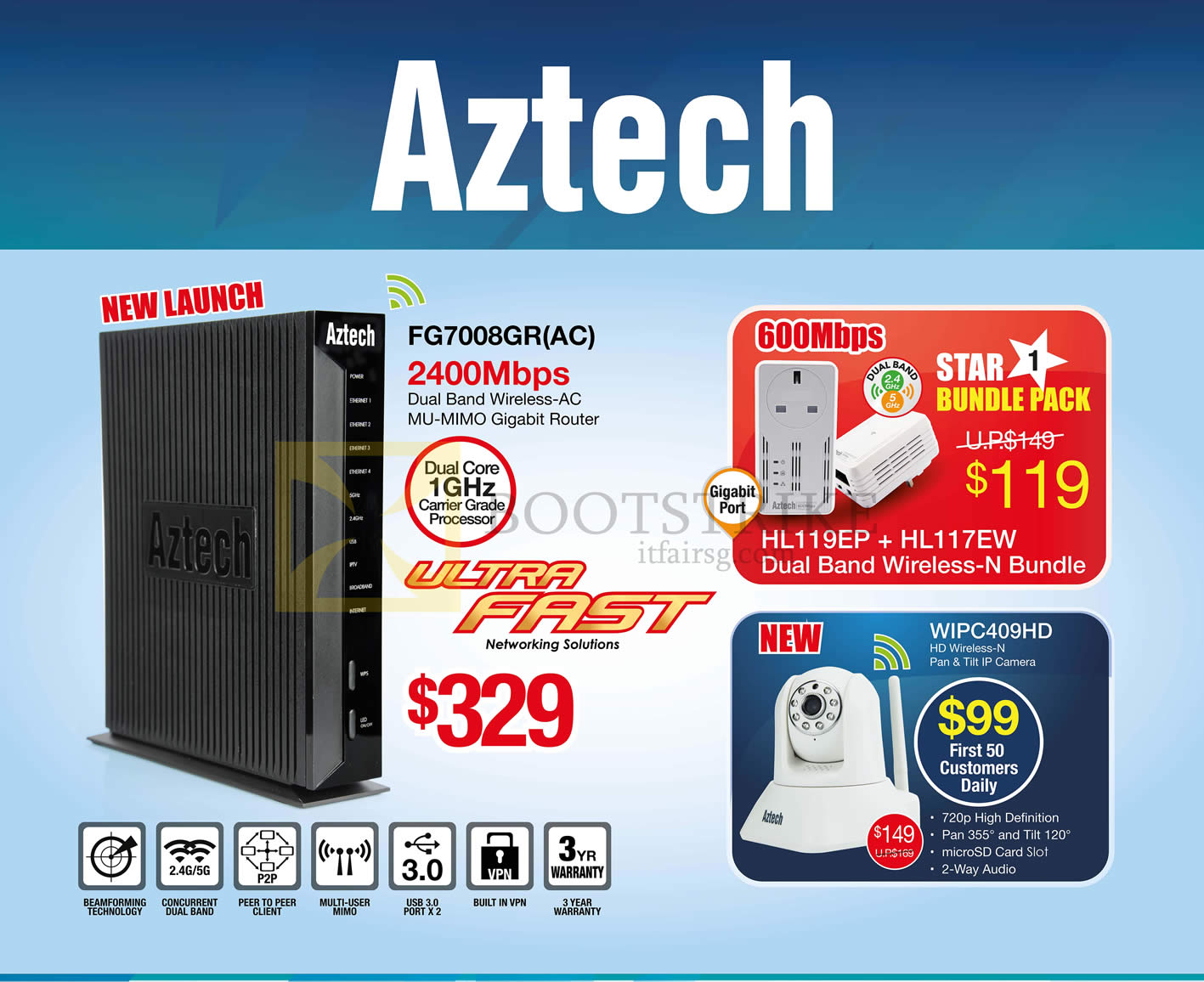 SITEX 2014 price list image brochure of Aztech Networking Gigabit Router, IP Camera FG7008GR AC, 600Mbps, WIPC409HD