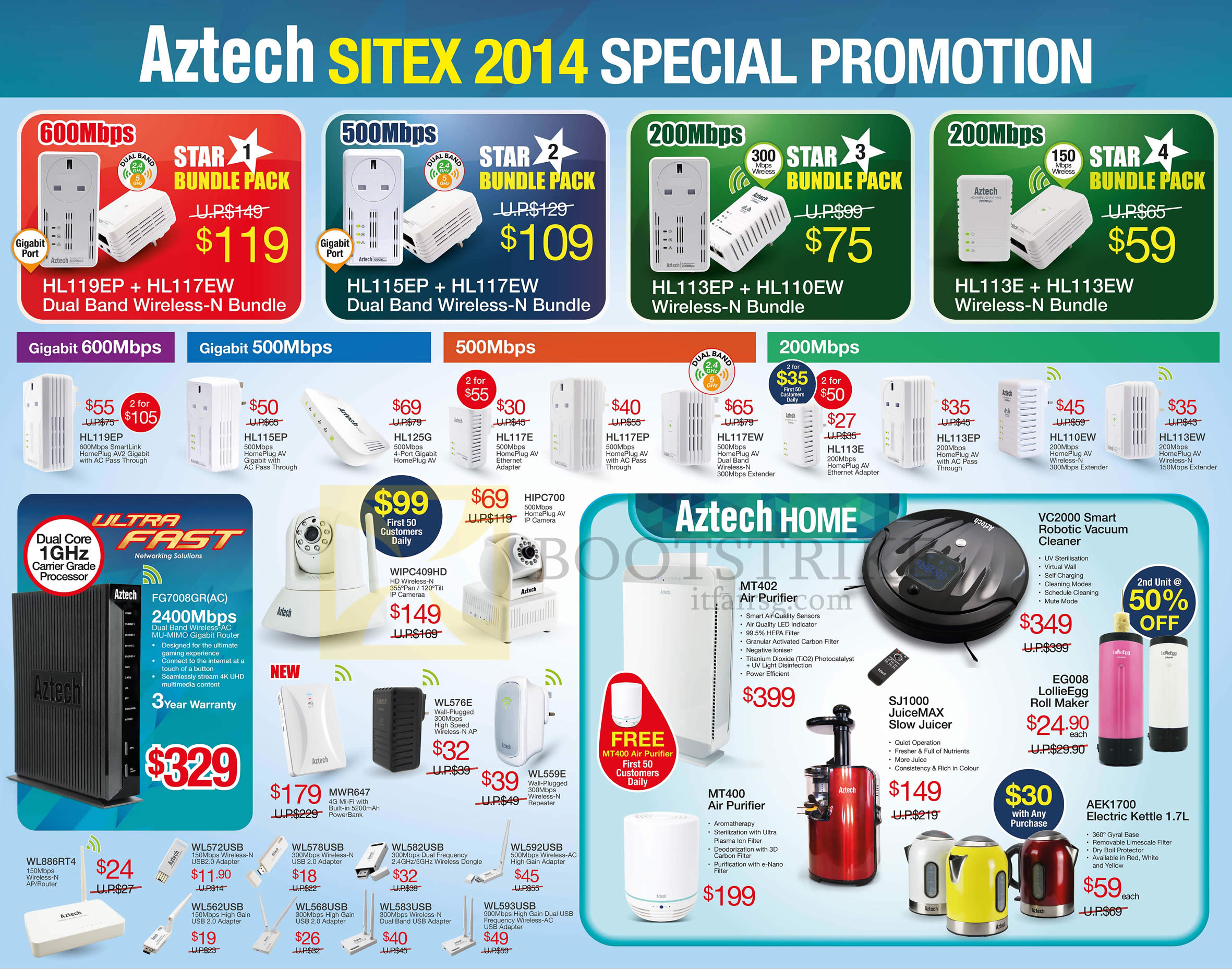 SITEX 2014 price list image brochure of Aztech Networking Wireless-N Bundles, Juicer, Air Purifiers, Electric Kettles, Vacuum Cleaner, 600Mbps, 500Mbps, 200Mbps, Gigabit 600Mbps, Gigabit 500Mbps
