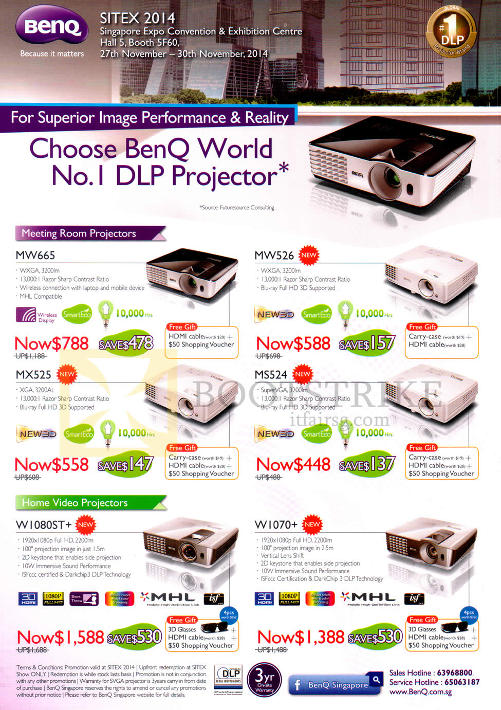 SITEX 2014 price list image brochure of BenQ Projectors Meeting Room, Home Video, MW665, MW526, MX525, MS524, W1080STPlus, W1070 Plus