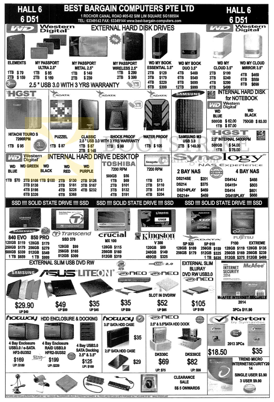 SITEX 2014 price list image brochure of Best Bargain Computers External Hard Disk Drives, Internal Hard Drives, External Slim USB DVD RW, External Slim Blu Ray, Enclosure, SSD, Crucial, Transend, Samsung