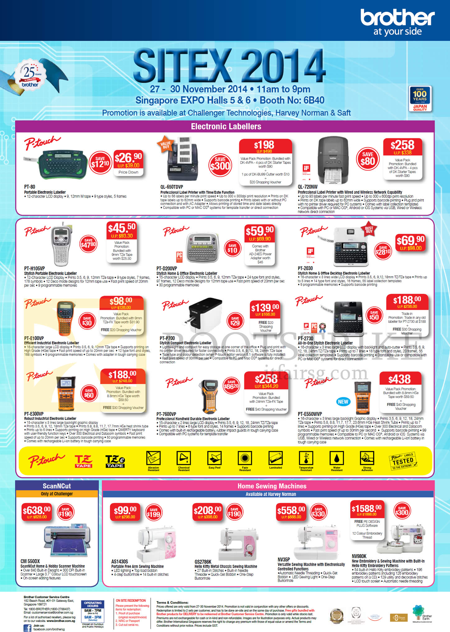 SITEX 2014 price list image brochure of Brother Electronic Labellers, Scanners, Sewing Machines, P-Touch PT-80, QL-650TDVP, QL-720NW, PT-H105VP, PT-7600VP, PT-E550WVP, CM 550DX, AS1430S, GS2786K, NV35P, NV980K