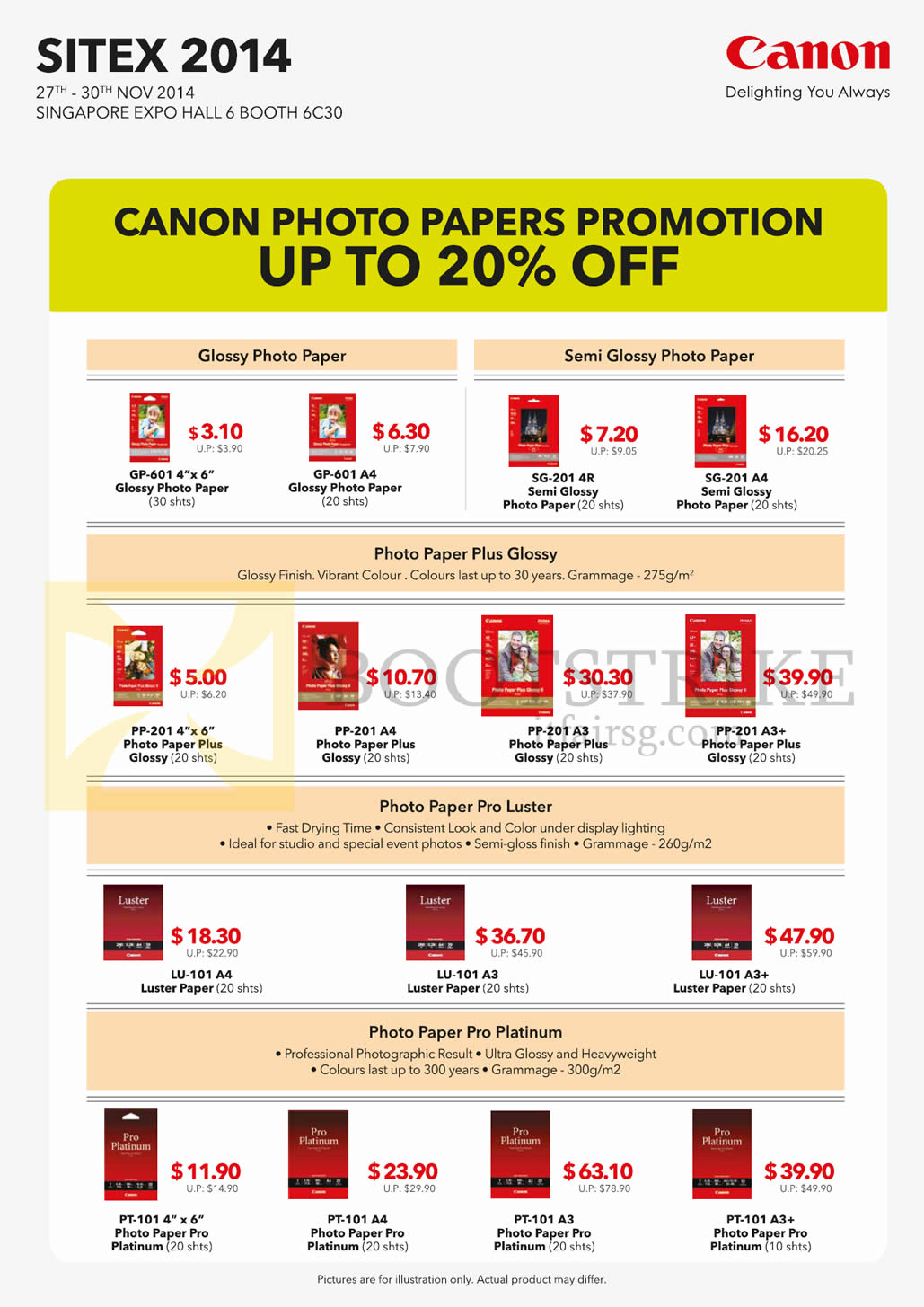 SITEX 2014 price list image brochure of Canon Photo Papers Glossy, Semi Glossy, Photo Paper Plus Glossy, Photo Paper Pro Luster, Photo Paper Pro Platinum