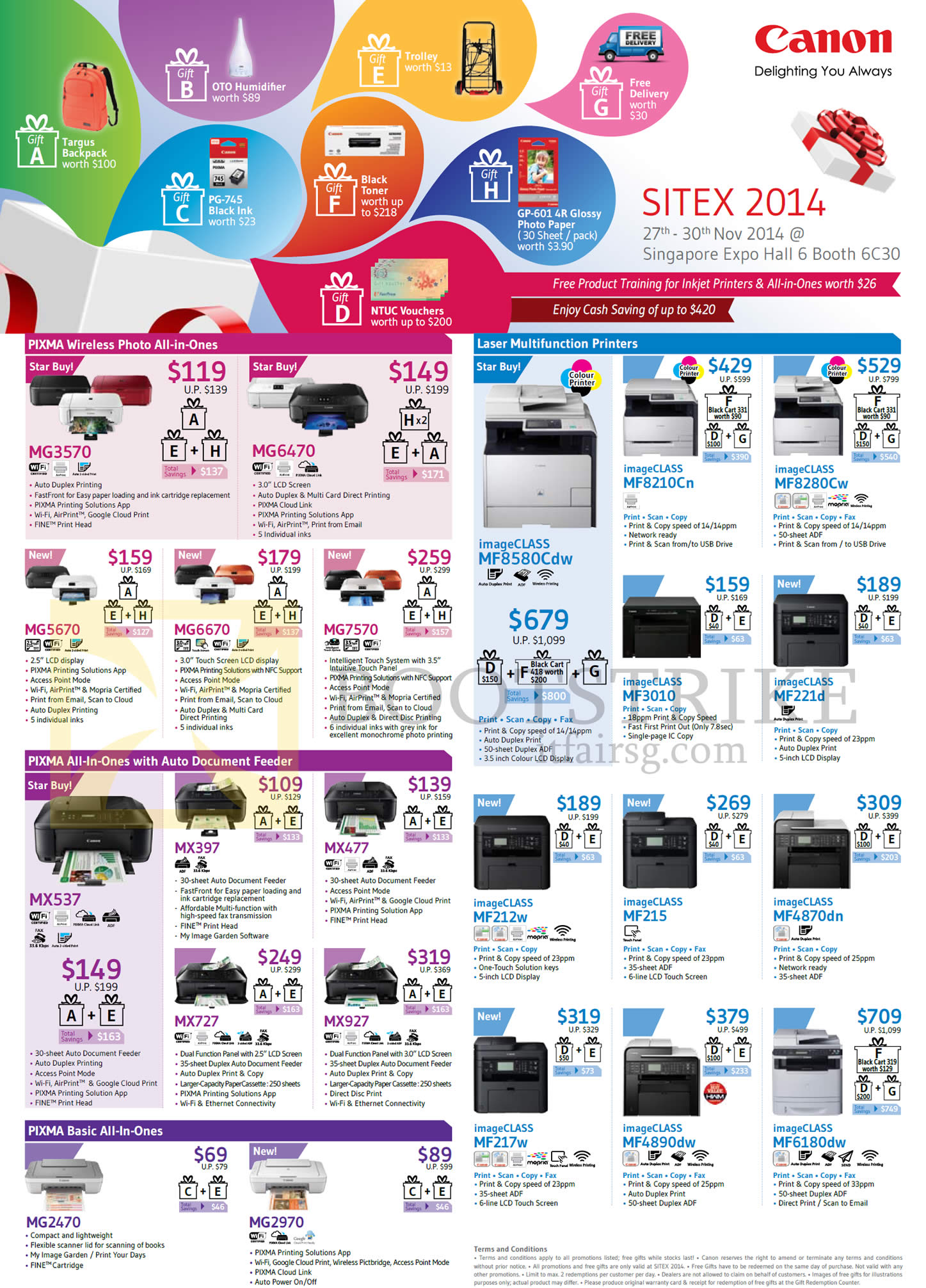 SITEX 2014 price list image brochure of Canon Printers Pxma Inkjet MG3570, MG6470, MG6670, MX537, MX477, ImageCLASS Laser MF8210Cn, MF221d, MF4870dn, MF215, MF4890dw, MF6180dw