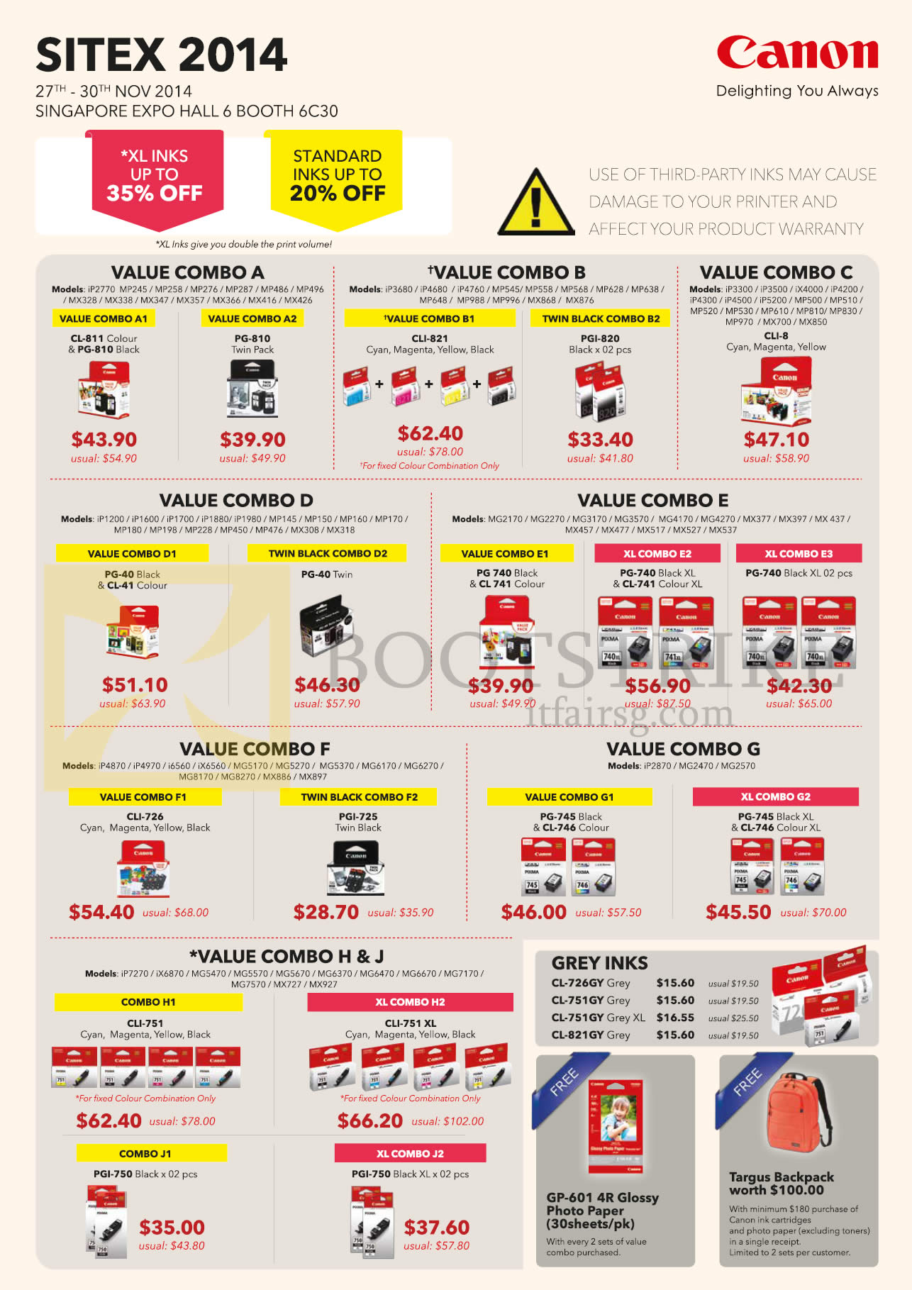 SITEX 2014 price list image brochure of Canon Value Combos A, B, C, D, E, F, G, H, J