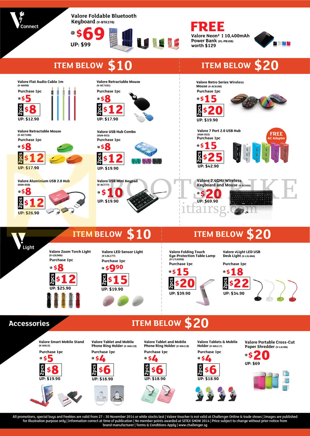 SITEX 2014 price list image brochure of Challenger Valore Accessories Cable, Mouse, USB Hub, Wireless Keyboard, Torch Light, Table Lamp, Desk Light, Mobile Stand, Mobile Phone Ring Holder, Paper Shredder