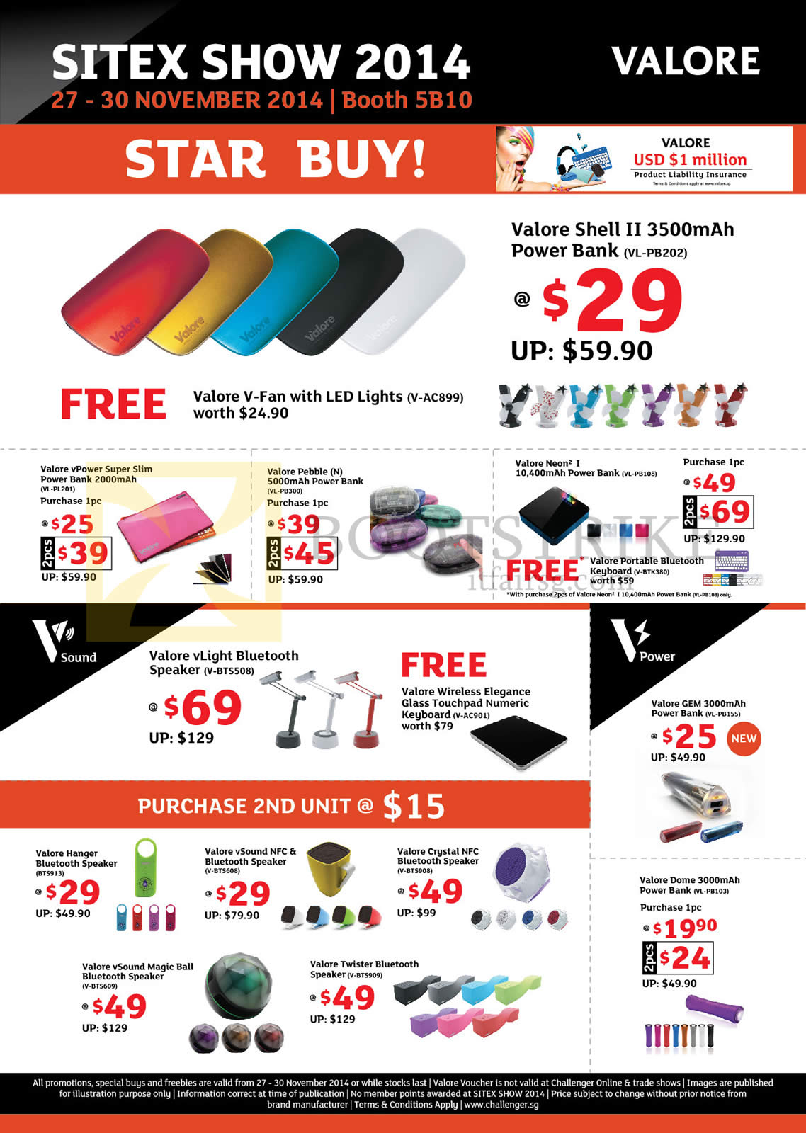 SITEX 2014 price list image brochure of Challenger Valore Accessories, Speakers, Power Banks, Shell II, VPower, Pebble, Neon, VLight, Gem, Dome