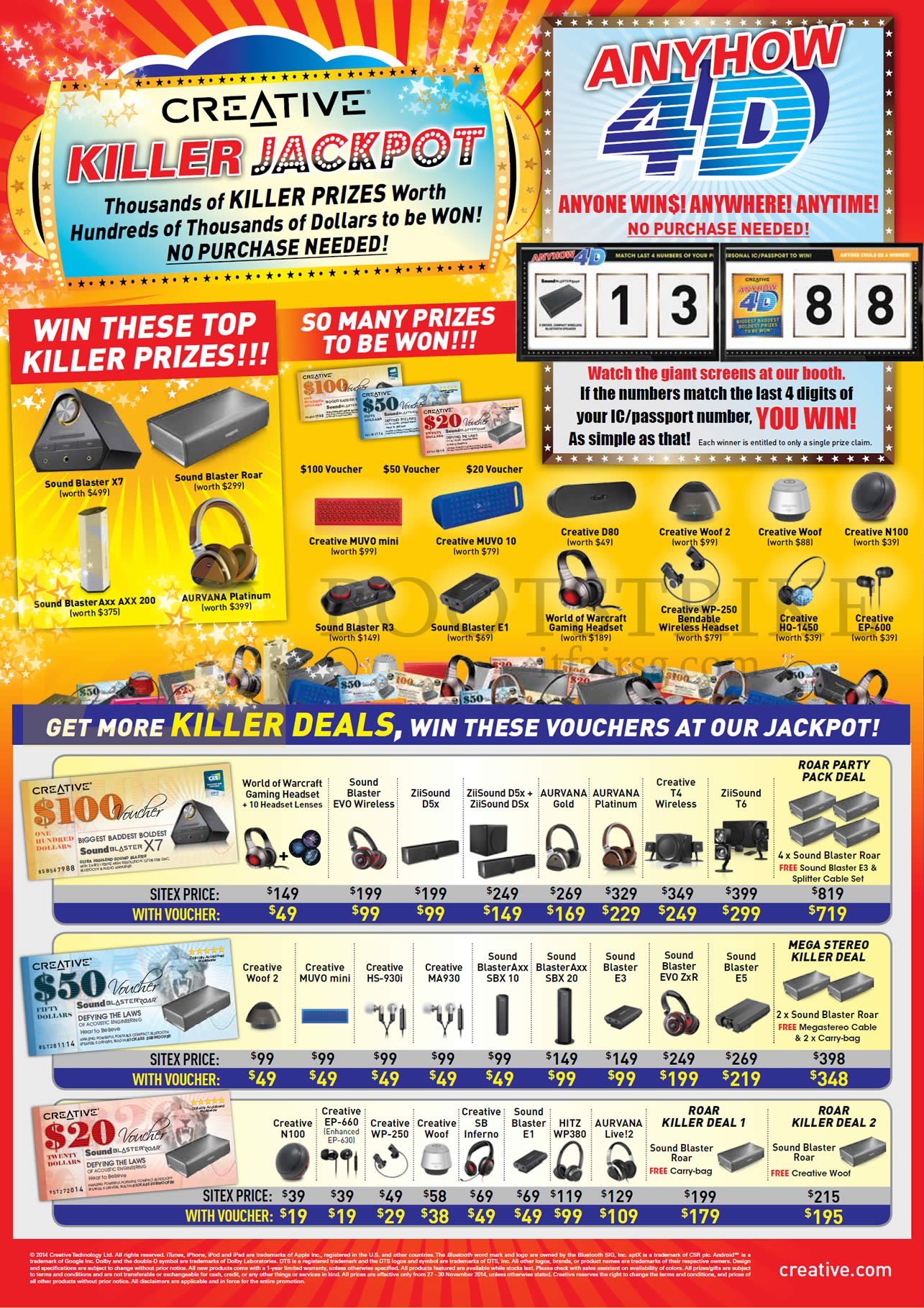 SITEX 2014 price list image brochure of Creative Jackpot Prizes, Voucher Offers, Headphones, Speakers, Earphones, Sound Blaster Roar