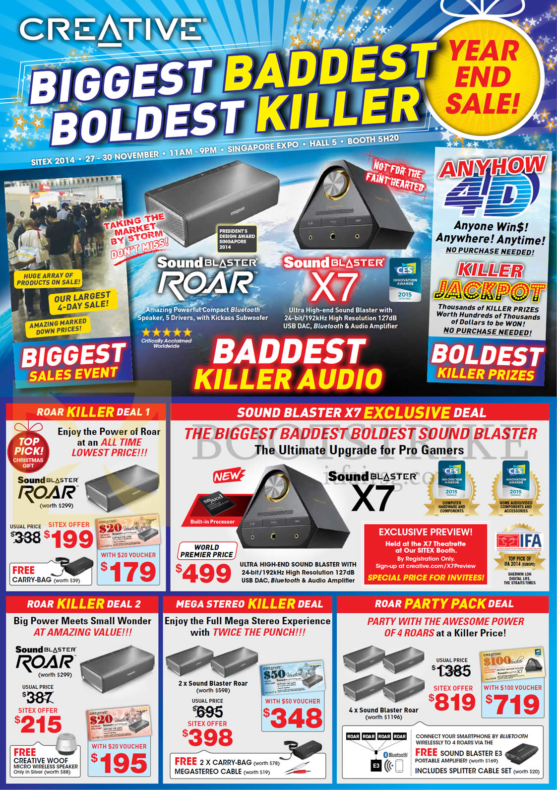 SITEX 2014 price list image brochure of Creative Sound Blaster Roar Killer Deals, Party Pack Deal, Roar Bluetooth Speaker, Sound Blaster X7