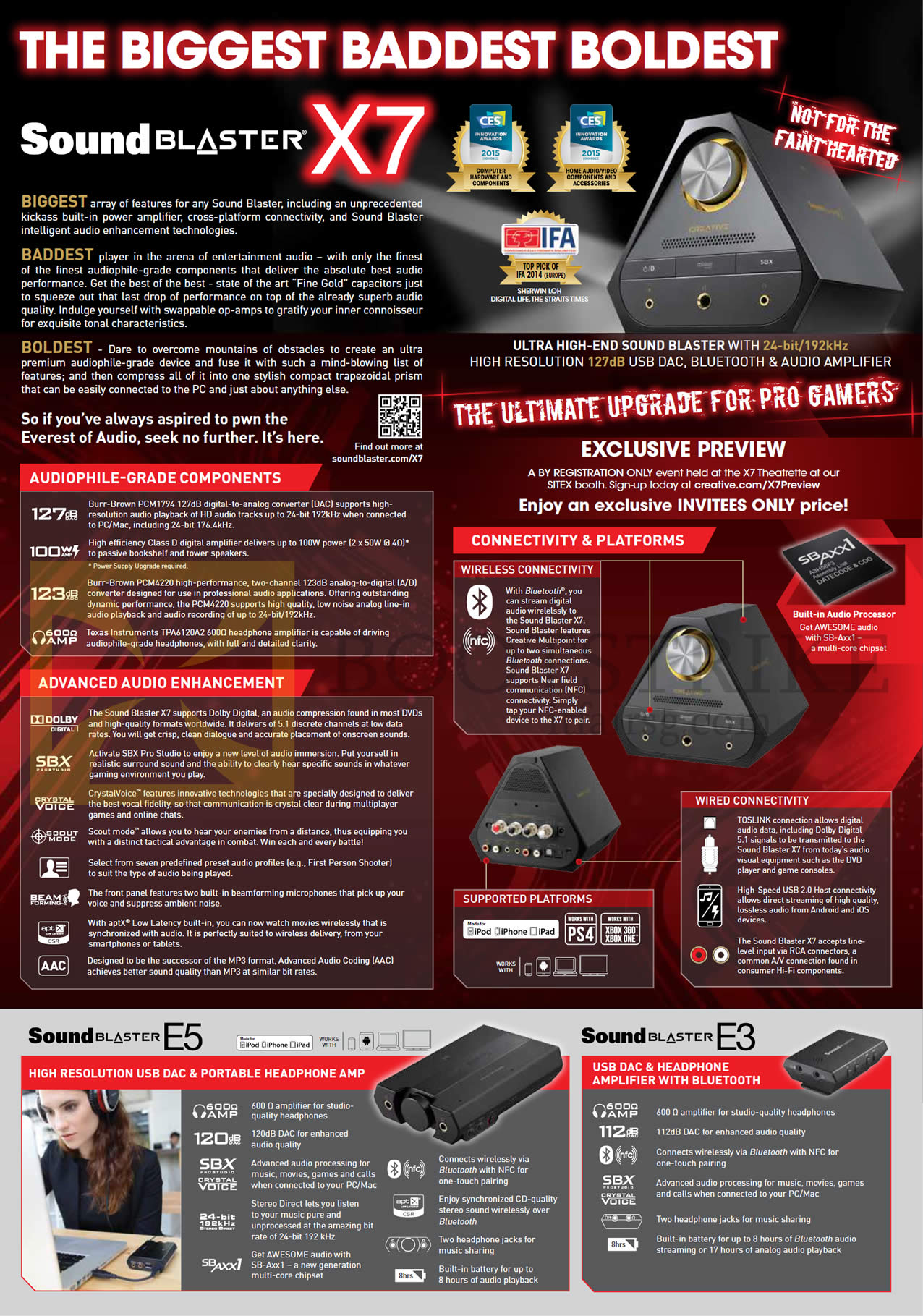 SITEX 2014 price list image brochure of Creative Sound Blaster X7 Bluetooth N Audio Amplifier, E5 Headphone, E3 Headphone Amplifier