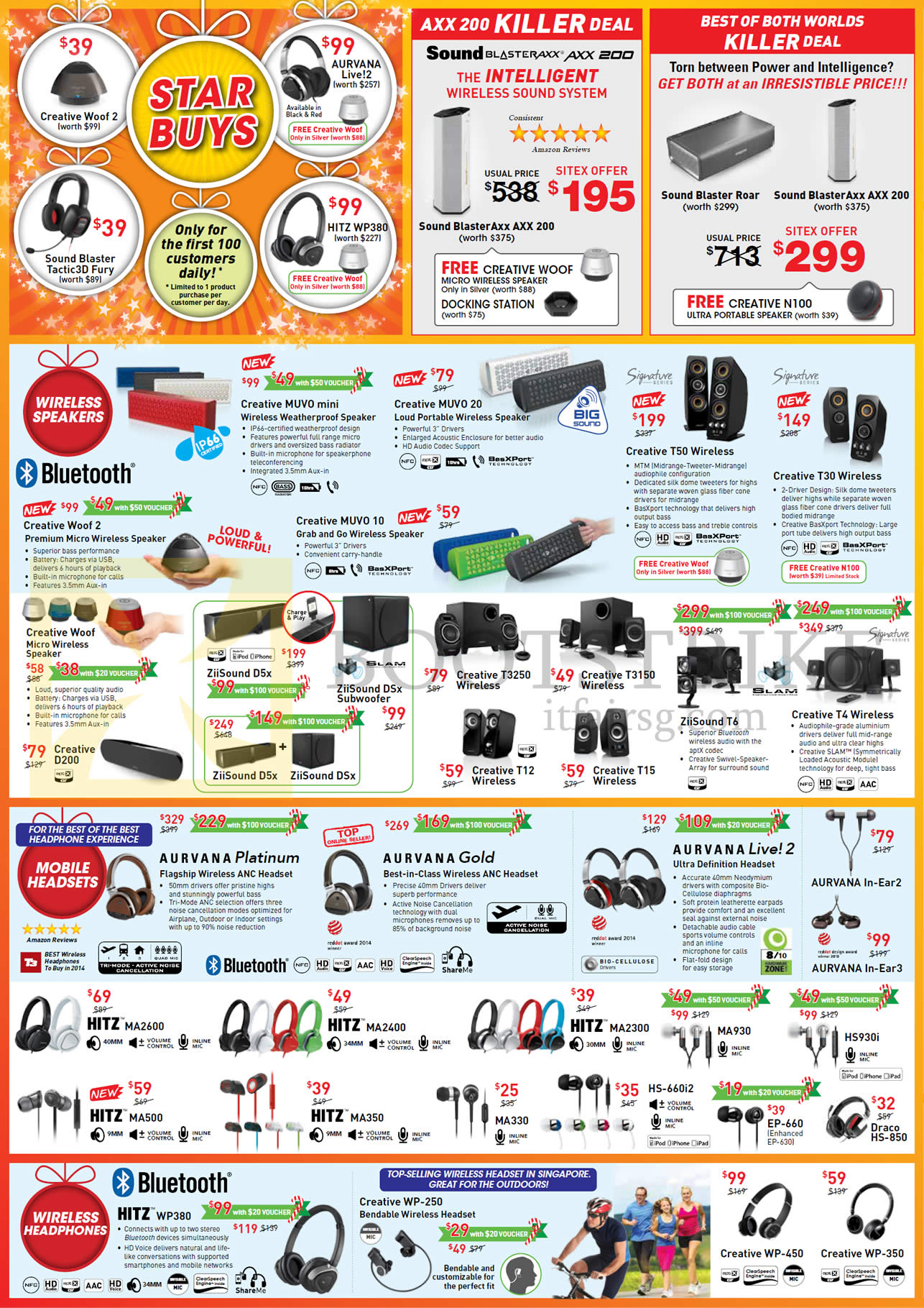 SITEX 2014 price list image brochure of Creative Wireless Speakers, Headsets, Headphones, Woof 2, Muvo Mini, Muvo 10, Muvo 20, T3250, Aurvana Platinum, Gold, Live 2, Hitz MA2600, MA2400, MA350, WP380, WP-250