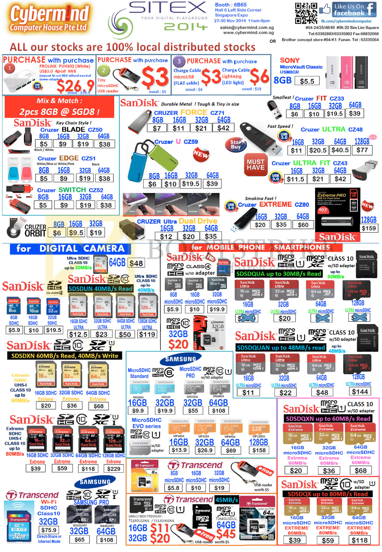 SITEX 2014 price list image brochure of Cybermind Flash Memory, USB Drives, Sandisk Cruzer Blade Edge Switch, Force U Fit Ultra, Samsung, Transcend, MicroSDHC EVO