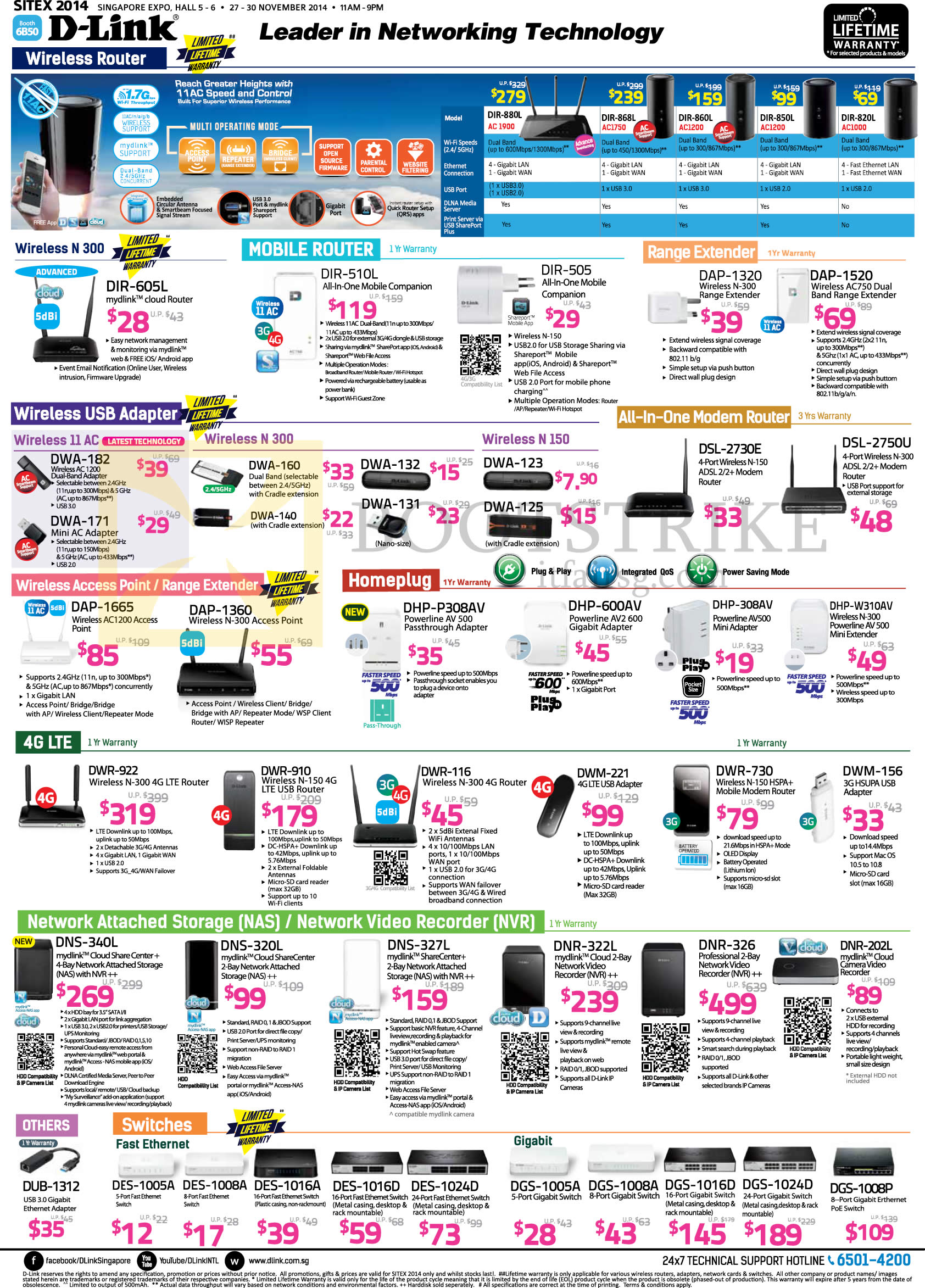 SITEX 2014 price list image brochure of D-Link Networking Routers, Wireless USB Adapters, Access Point, Range Extender, Homeplug, 4G LTE, NAS NVR, Switch, Ethernet Adapter