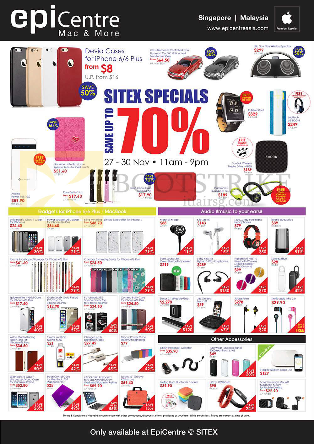 SITEX 2014 price list image brochure of Epicentre Accessories Cases, Powerbank, Screen Protectors, Lightning Cables, Earphones, Bluetooth Headsets, Docks, Jawbone, Protag Bluetooth Tracker