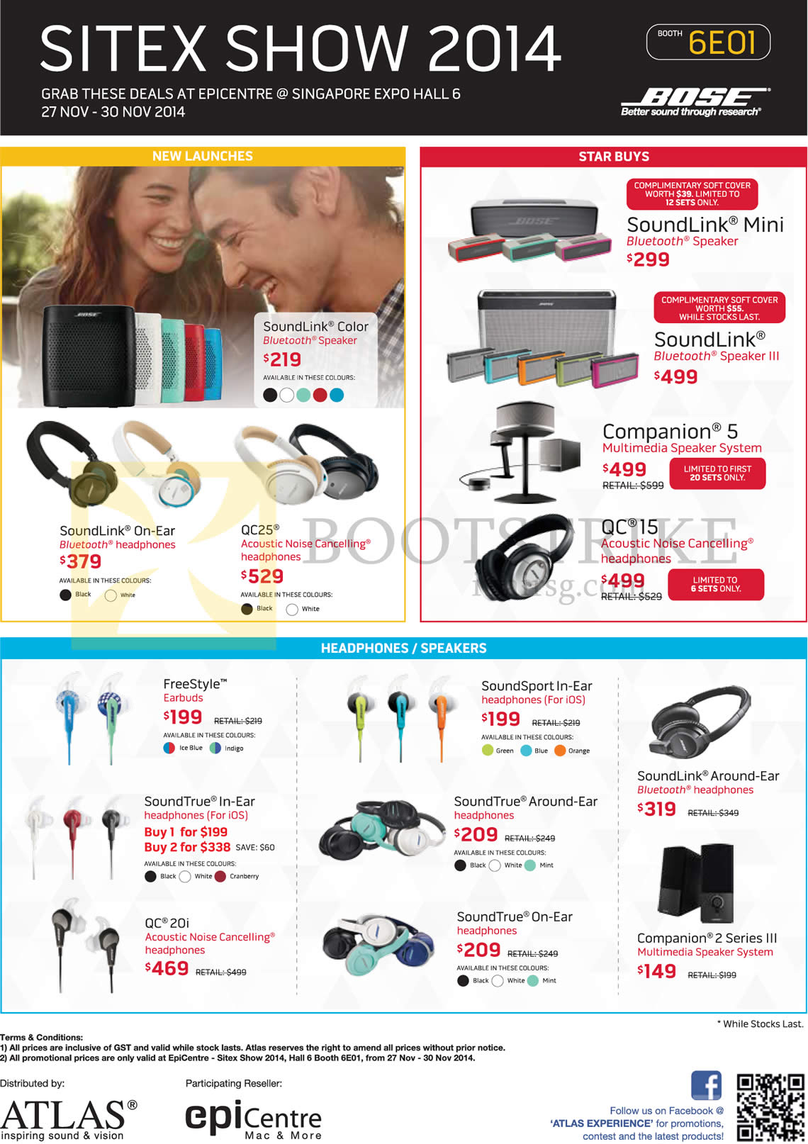 SITEX 2014 price list image brochure of Epicentre Bose Speakers Earphones Headphones, SoundLink Mini, Bluetooth III, Companion 5, QC 15, QC 25, Freestyle, Earbuds, SoundTrue, SoundSport, Companion 2 Series III