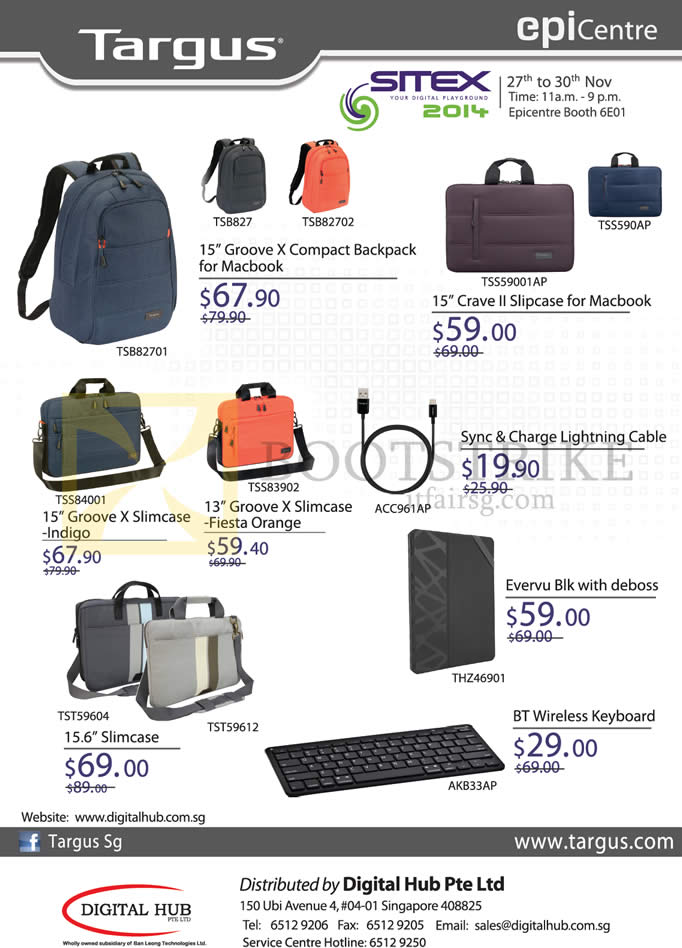 SITEX 2014 price list image brochure of Epicentre Targus Groove X Backpacks, Crave II Slipcase, Sync N Charge Lightning Cable, BT Wireless Keyboard, Evervu Blk