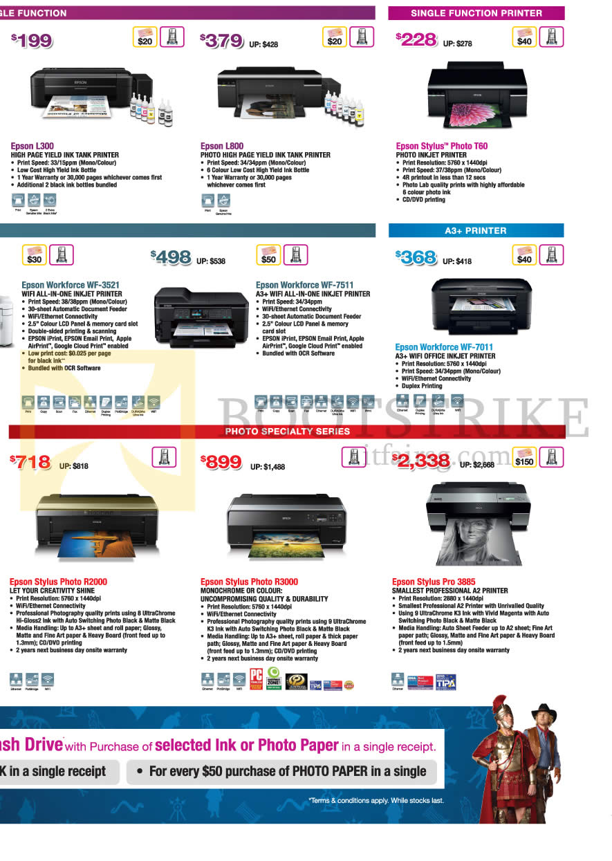 SITEX 2014 price list image brochure of Epson Printers L300, L800, Stylus Photo T60, Workforce WF-7011, WF-7511, WF-3521, Stylus Photo R2000, R3000, Stylus Pro 3885