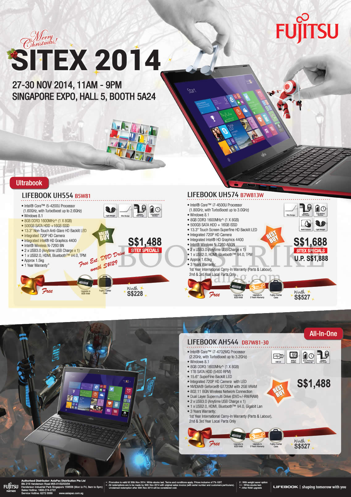 SITEX 2014 price list image brochure of Fujitsu Notebooks Lifebook UH554 BSW81, UH574 B7W813W, AH544 DB7W81-30