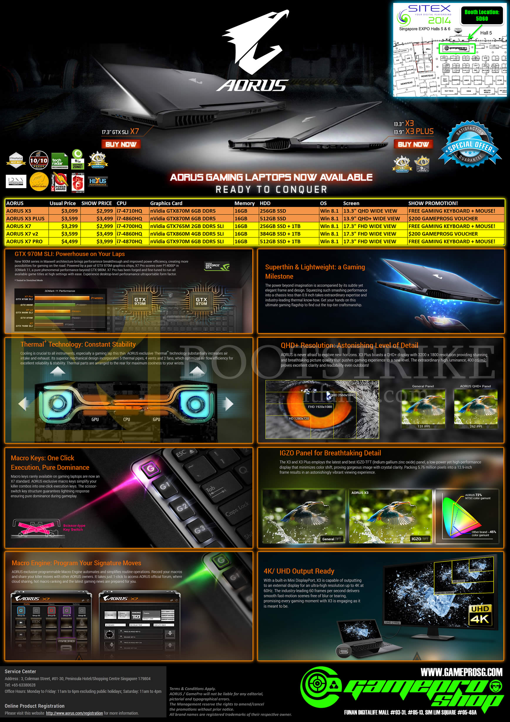 SITEX 2014 price list image brochure of Gamepro Aorus Notebooks, Features, X3, X3 Plus, X7, X7 V2, X7 Pro