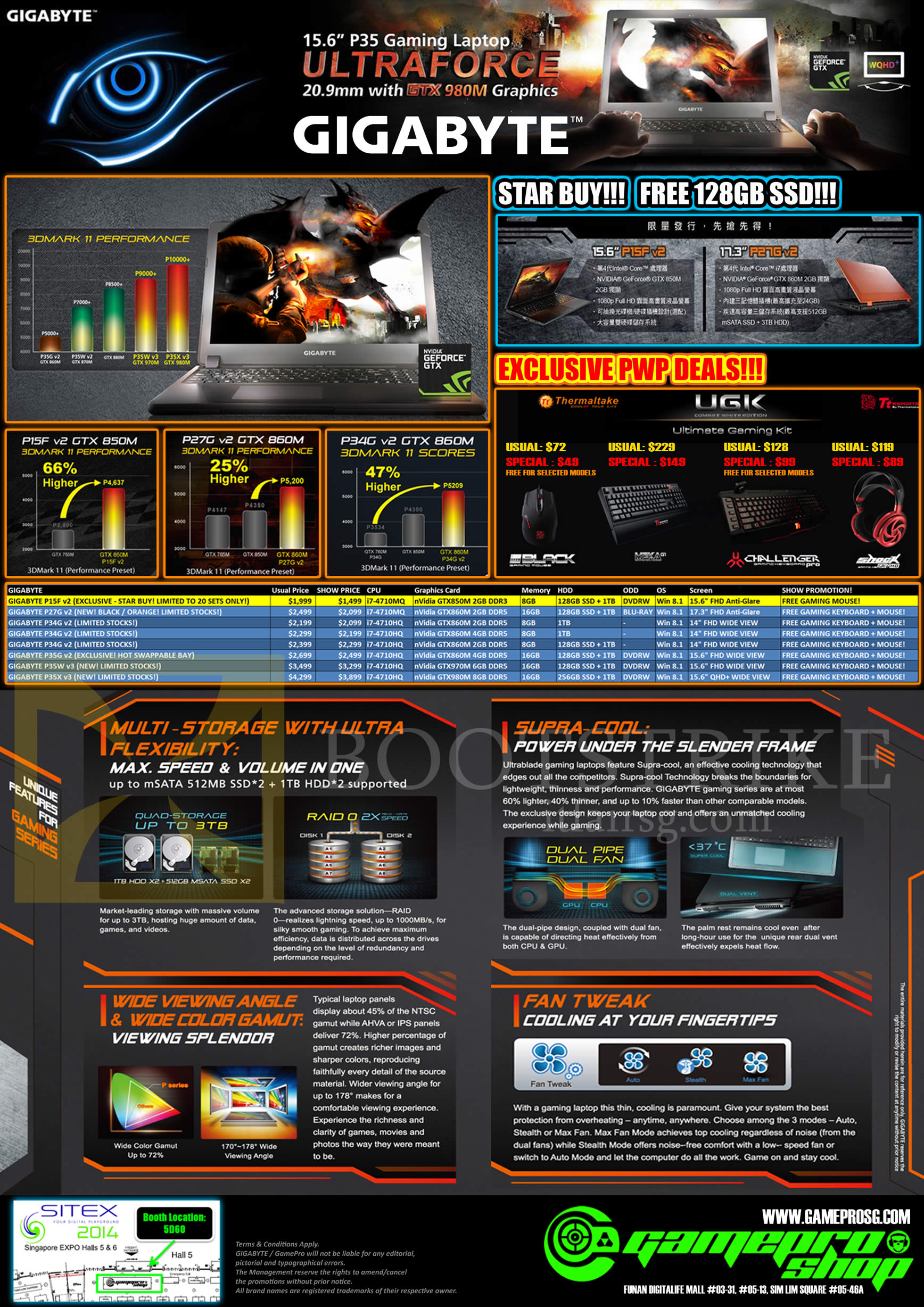SITEX 2014 price list image brochure of Gamepro Gigabyte Notebooks, P15F P27G P34G P35G P35W P35X