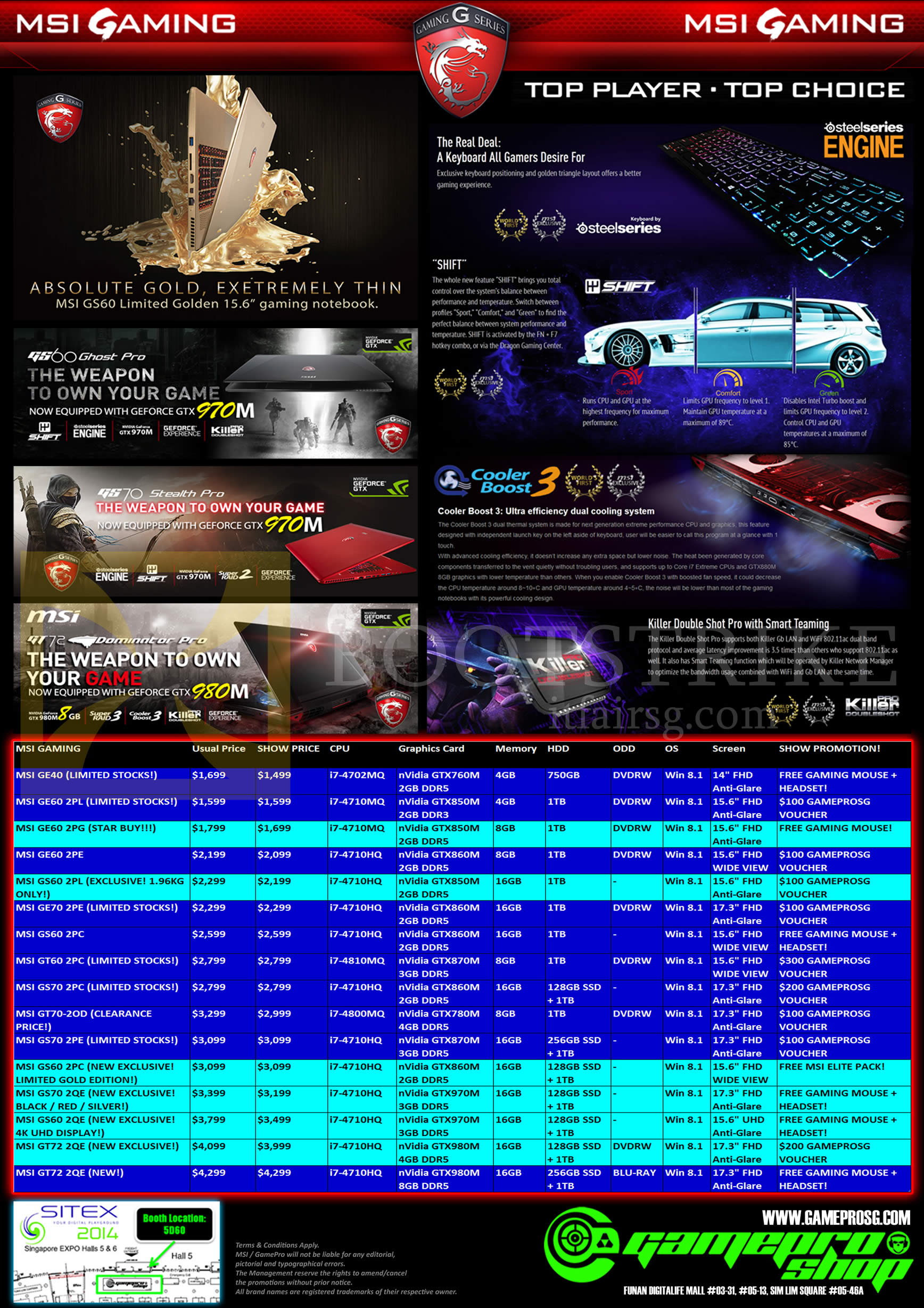 SITEX 2014 price list image brochure of Gamepro MSI Notebooks GE40 GE60 GS60 GE70 GT60 GT72