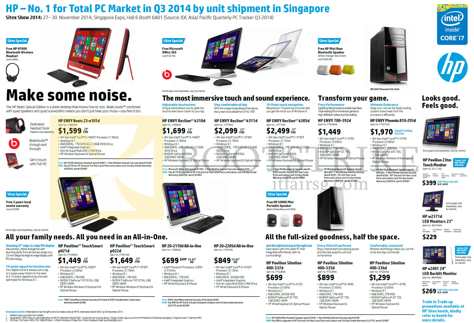 SITEX 2014 price list image brochure of HP AIO Desktop PCs, Monitors, Envy, Pavilion, Envy Recline, 23-n101d, K310d, K311d, K305d, 700-392d, 810-293d, P021d, P022d, 20-2110d, 20-2205d, X2401, W2371d