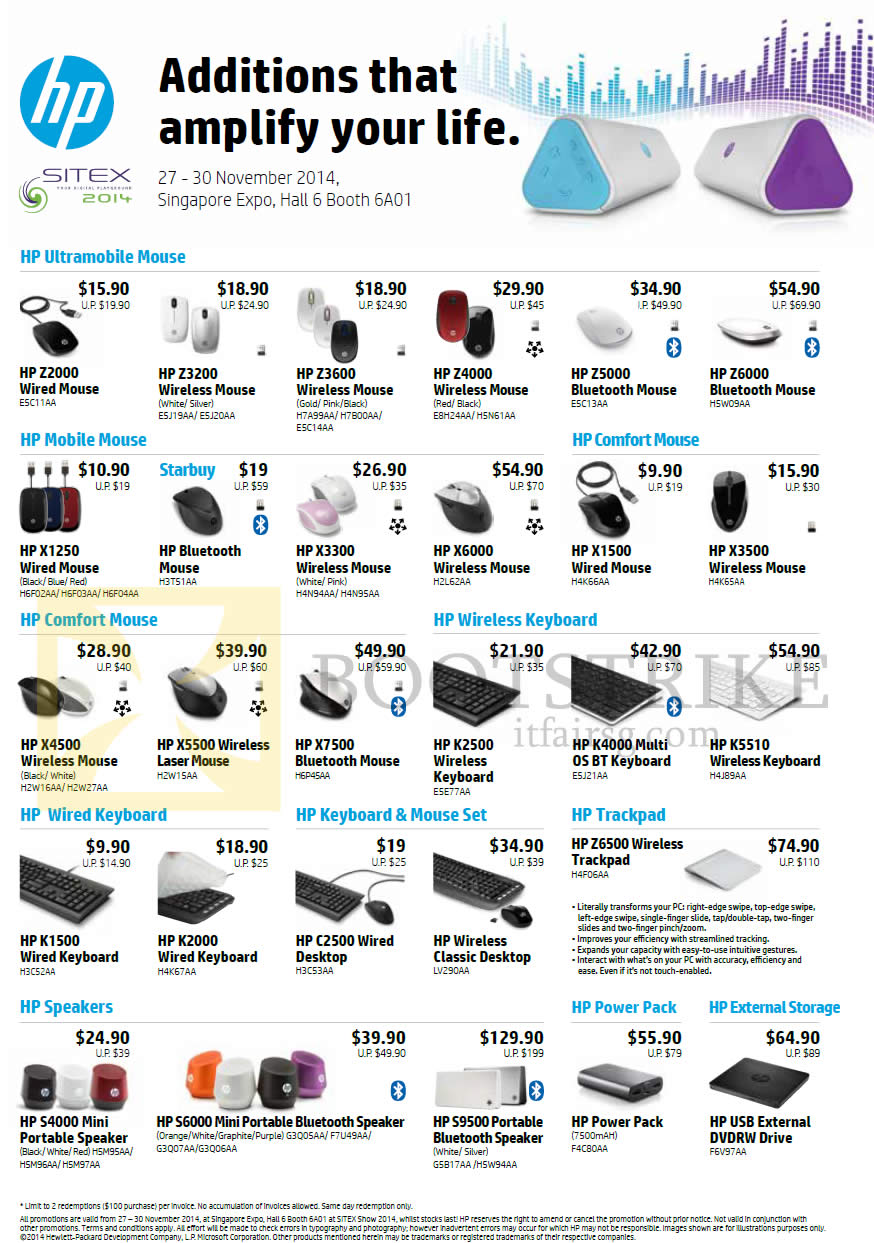 SITEX 2014 price list image brochure of HP Accessories Mouse, Keyboard, Speakers, Ultramobile, Mobile, Comfort, Wired, Wireless, Power Pack, External Storage, Trackpad